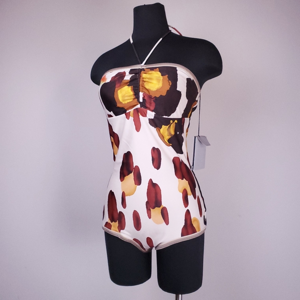 NWT CHRIS BENZ strapless mod print swimsuit